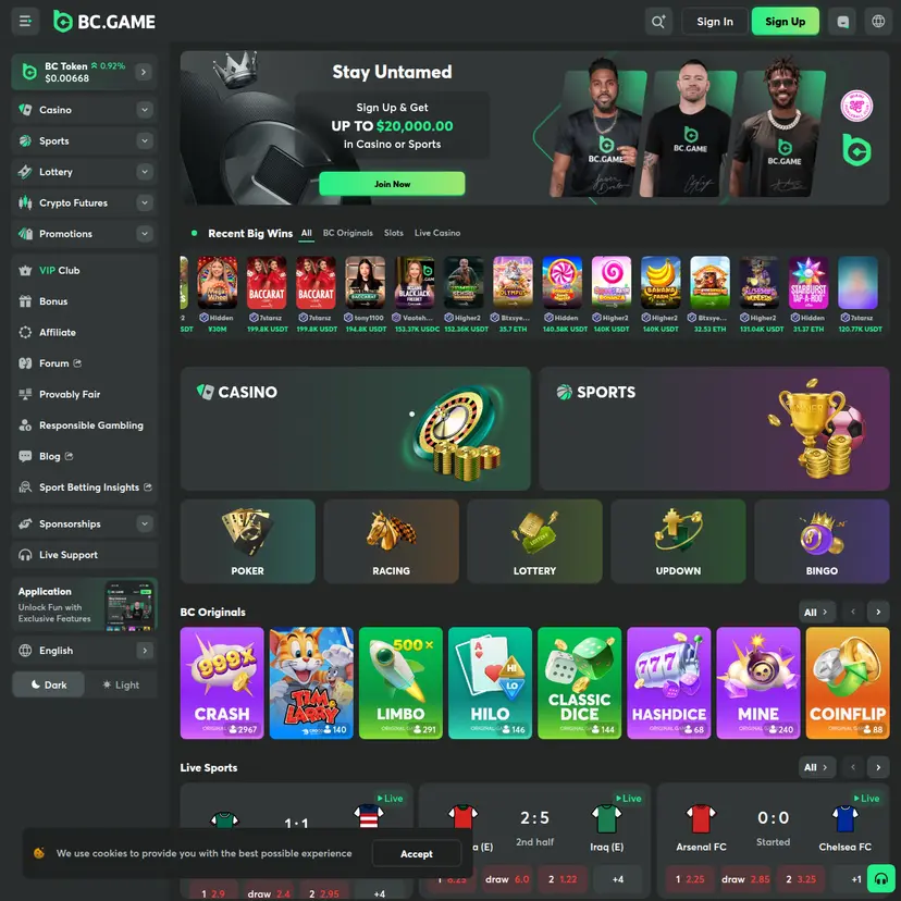 BC.game homepage and layout