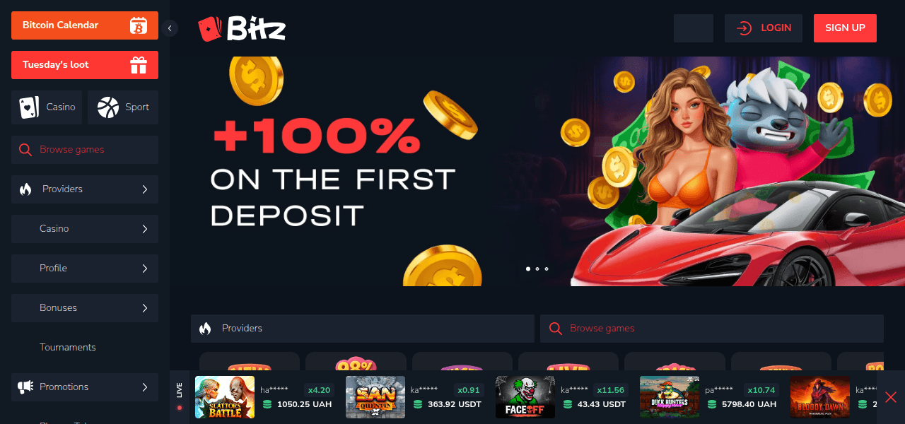 Bitz homepage screenshot showing the casino's game library and design