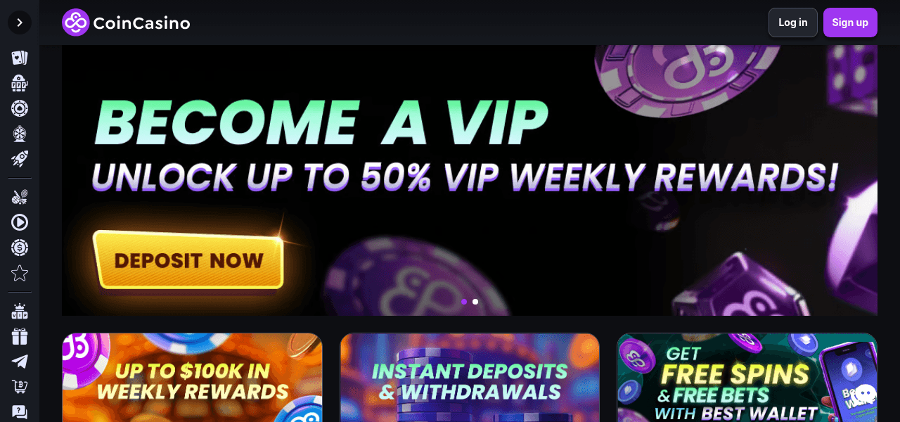 Screenshot of the CoinCasino homepage showing the game catalog and overall design