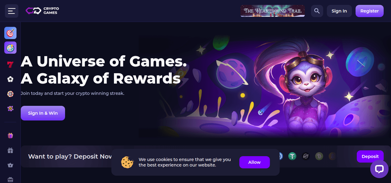 Screenshot of the Crypto-Games homepage showing the casino's game catalog and design