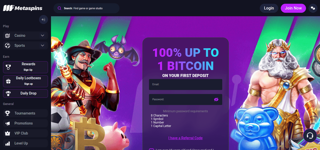 Screenshot of the Metaspins homepage showing the casino lobby and design