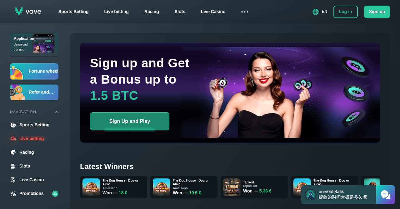 Vave casino homepage layout