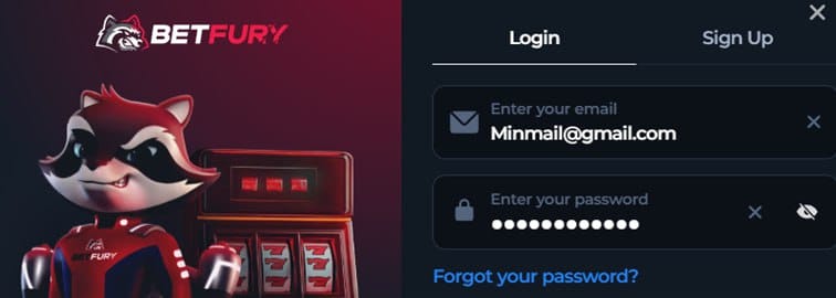 Login box at the crypto casino BetFury with fields for email address and password, plus tabs for Login and Sign Up.