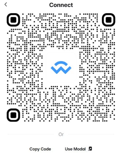 QR code generated by WalletConnect, scanned with a compatible crypto wallet to connect to a service, with Copy Code and Use Modal options.