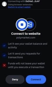 Signature request in Coinbase Wallet showing the wallet address 0x24a0...2cAF and asking for permission to connect to a website, with Deny and Connect buttons.
