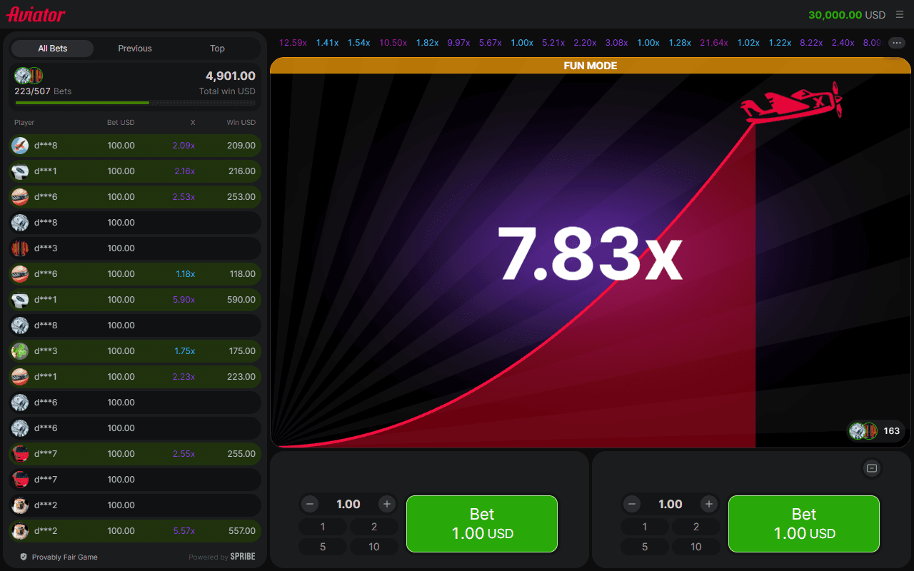 Screenshot of Spribe's Aviator demo on July 21, 2026: the multiplier has reached 7.83x while the side panel shows other players' bets and cashouts in real time