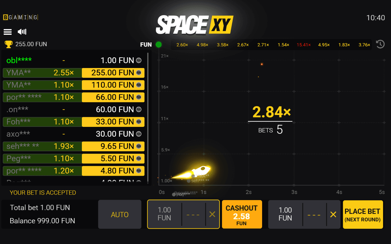 Screenshot of BGaming's crash game Space XY in demo mode on July 22, 2026: the rocket is mid-round at 2.84x and the cashout button offers 2.58 FUN on a 1.00 bet, while the side panel shows other players' cashouts in real time