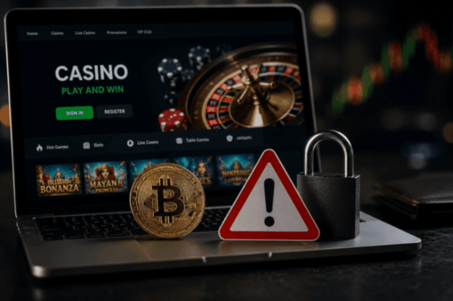 Laptop showing a crypto casino, a Bitcoin symbol, a warning icon and a lock representing the risks of unreliable casinos