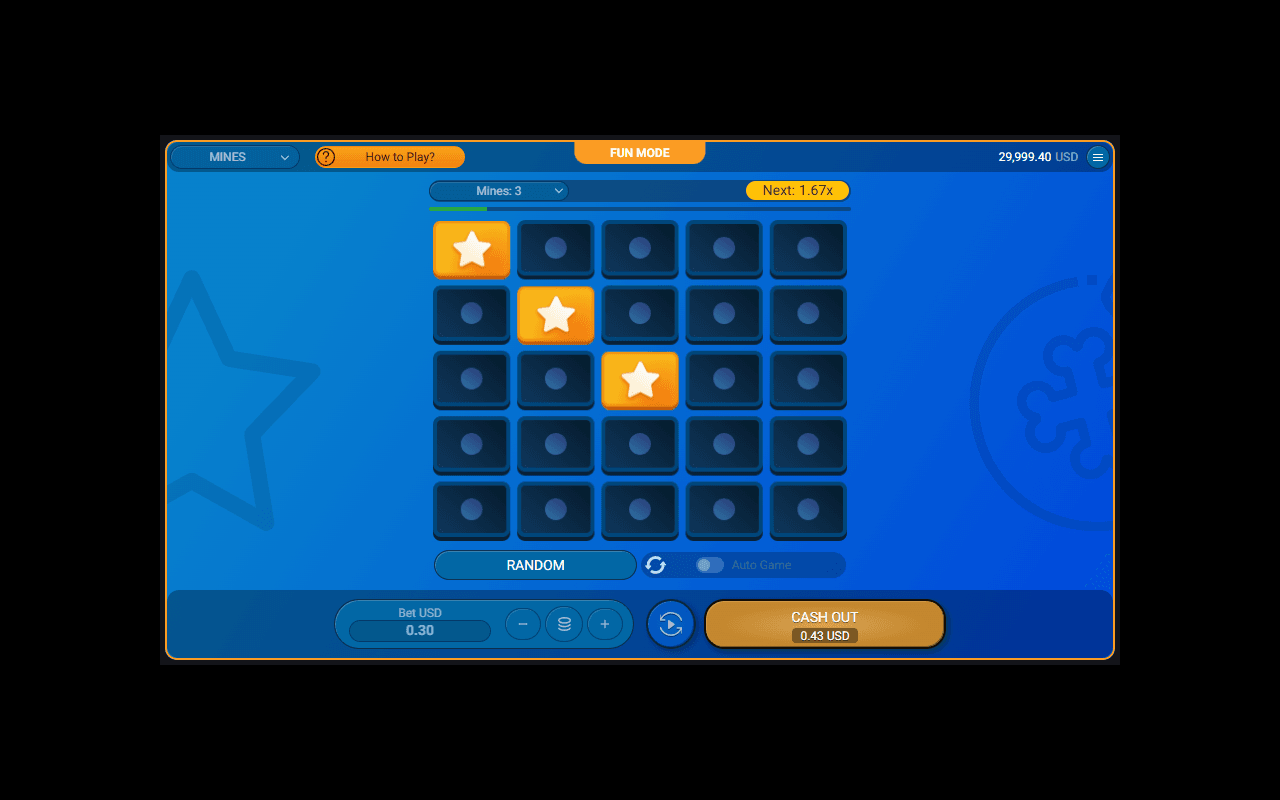 Spribe's Mines demo on July 22, 2026: three tiles opened without hitting a mine on a board with 3 mines selected, the next tile pays 1.67x and the cash out button shows $0.43 on a $0.30 bet