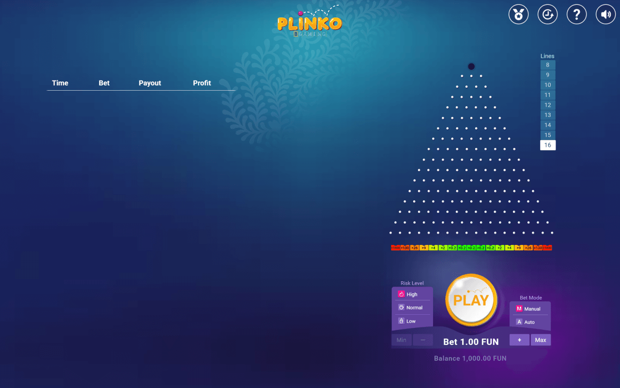 BGaming's Plinko demo on July 21, 2026 set to 16 rows and high risk, with edge slots at x1000 and middle slots at x0.2